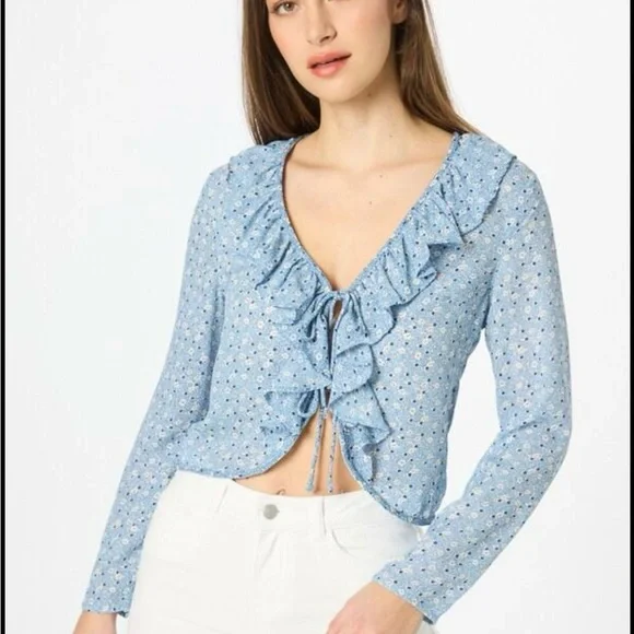 Abercrombie & Fitch Tie-Front Ruffle Blouse blue Floral Cottage Core Whimsical - Picture 1 of 7